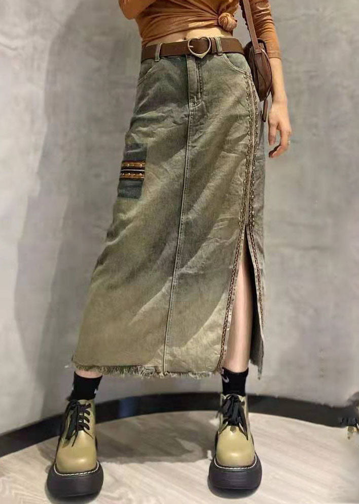 Photo Color Side Open Patchwork Tasseled Denim Skirt Summer