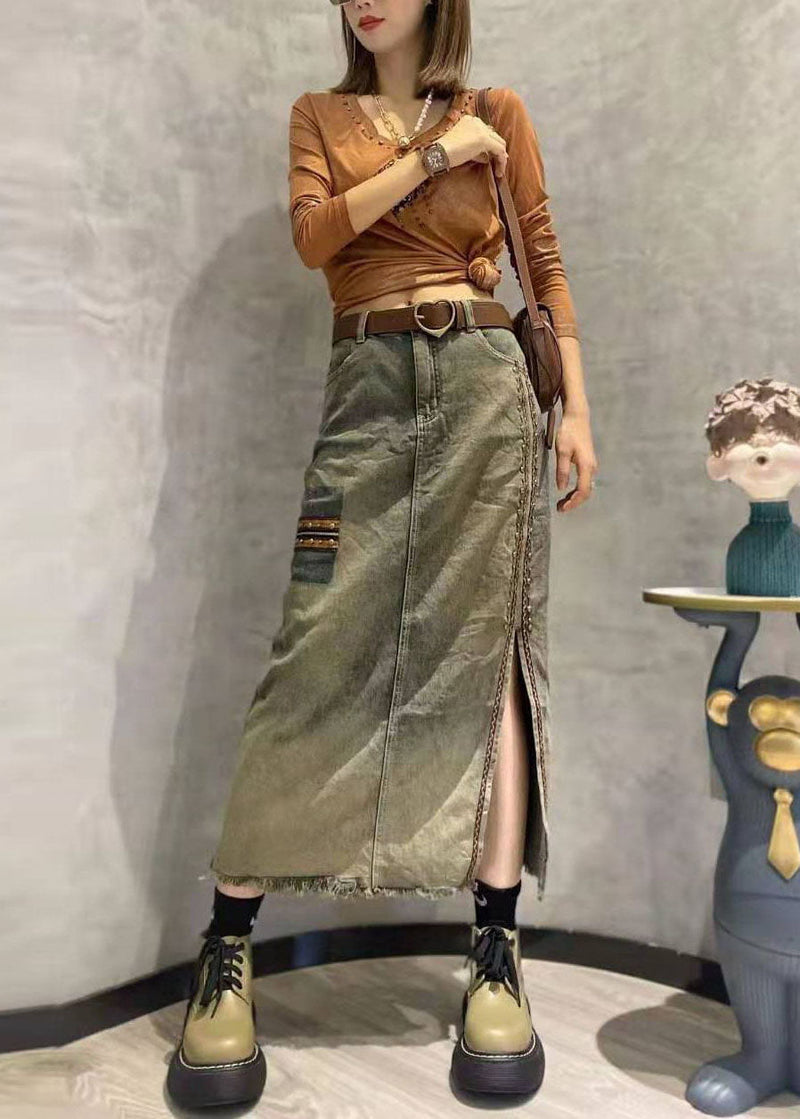 Photo Color Side Open Patchwork Tasseled Denim Skirt Summer