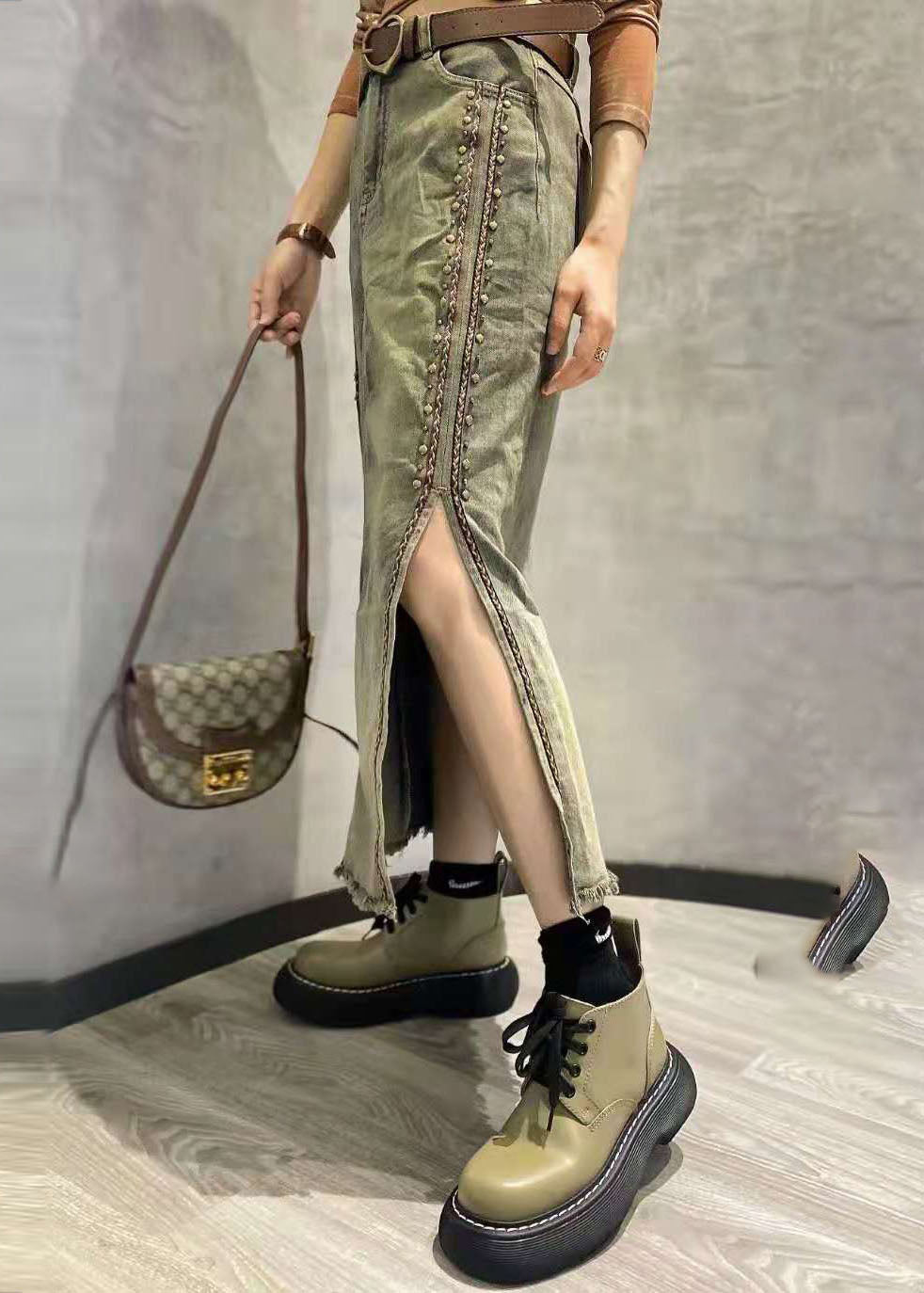 Photo Color Side Open Patchwork Tasseled Denim Skirt Summer