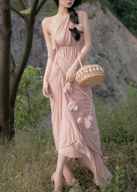 Pink Asymmetrical Patchwork Elastic Waist Maxi Dress Summer
