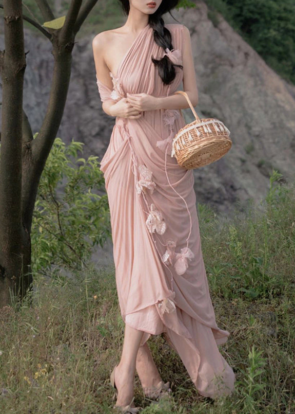 Pink Asymmetrical Patchwork Elastic Waist Maxi Dress Summer