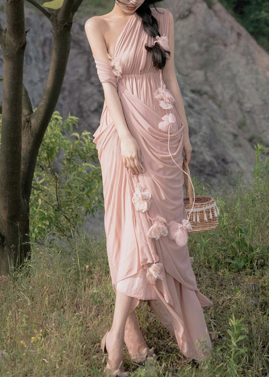 Pink Asymmetrical Patchwork Elastic Waist Maxi Dress Summer
