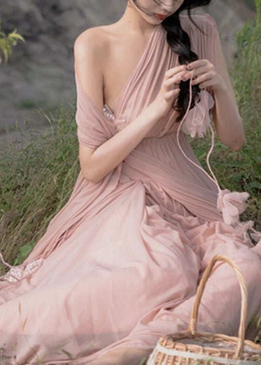 Pink Asymmetrical Patchwork Elastic Waist Maxi Dress Summer