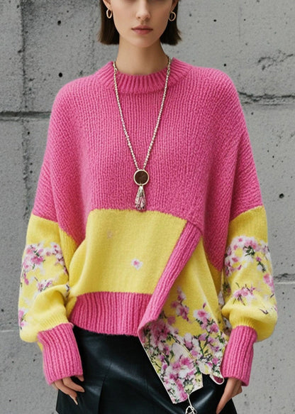 Pink Asymmetrical Patchwork Knit Pullover Fall