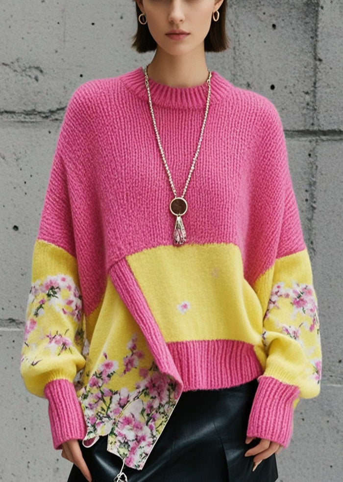 Pink Asymmetrical Patchwork Knit Pullover Fall