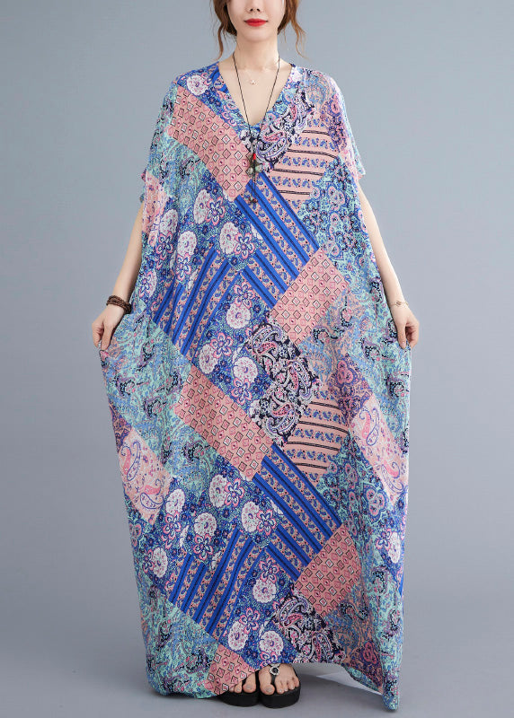 Pink Blue Print Cotton Beach Long Dresses Summer