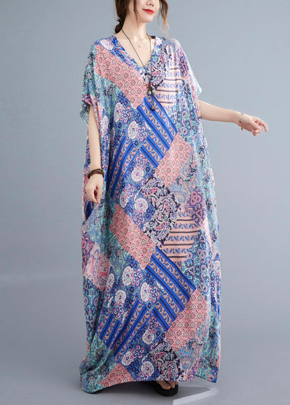 Pink Blue Print Cotton Beach Long Dresses Summer