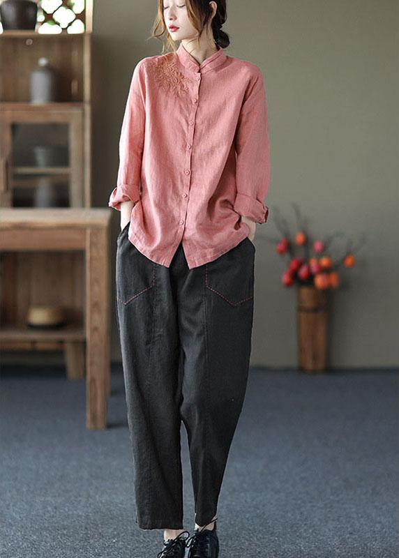 Pink Button Embroideried Fall Linen Tops Long Sleeve