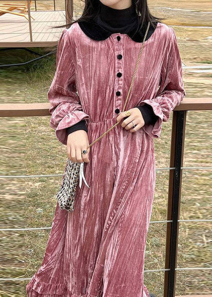 Pink Button Patchwork Velour Long Dresses Spring