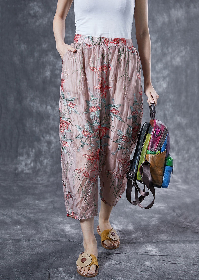 Pink Elastic Waist Embroideried Silk Harem Pants Summer
