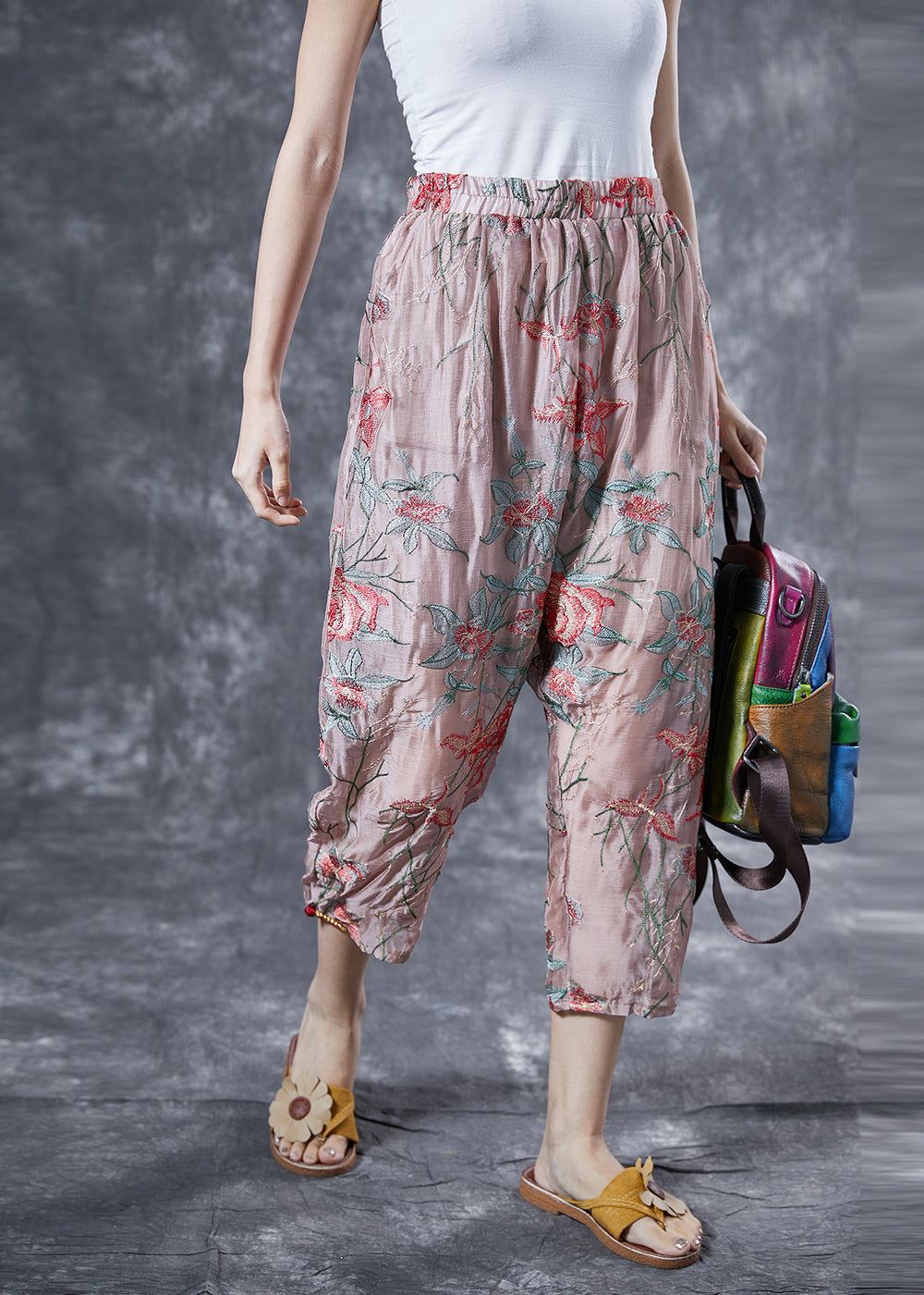 Pink Elastic Waist Embroideried Silk Harem Pants Summer