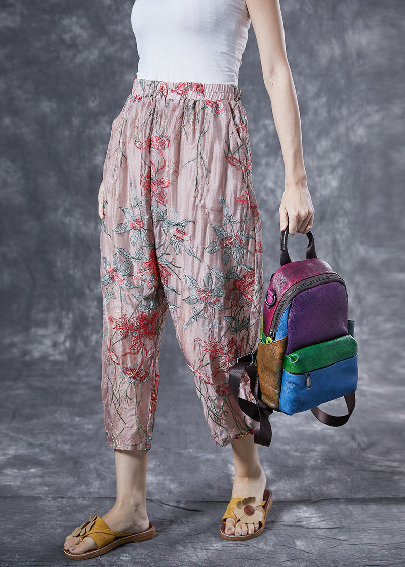Pink Elastic Waist Embroideried Silk Harem Pants Summer