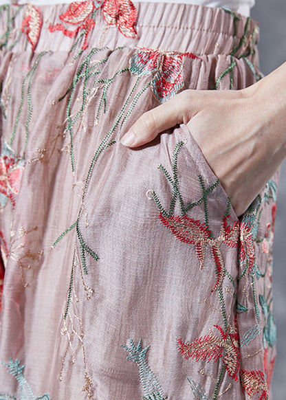 Pink Elastic Waist Embroideried Silk Harem Pants Summer
