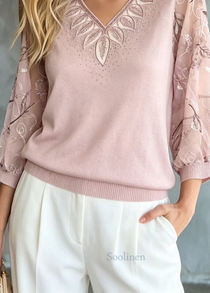 Pink Embroidered Zircon Knit Top Bracelet Sleeve