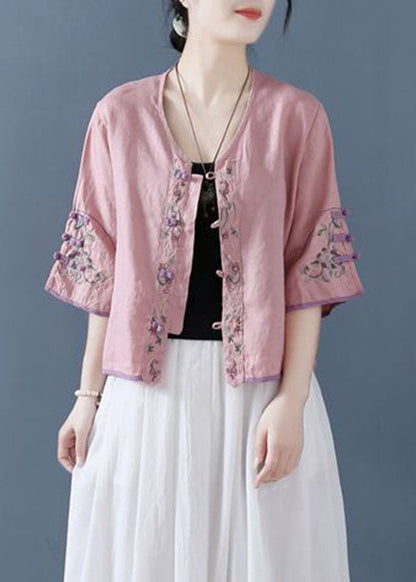 Pink Embroideried Button Shirts Half Sleeve