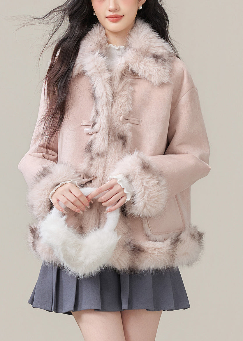 Pink Fur Collar Pockets Patchwork Warm Fleece Faux Suede Coats Winter
