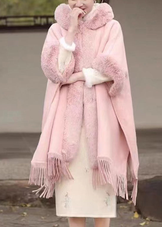 Pink Fur Collar Tassel Hooded Woolen Coat Spring