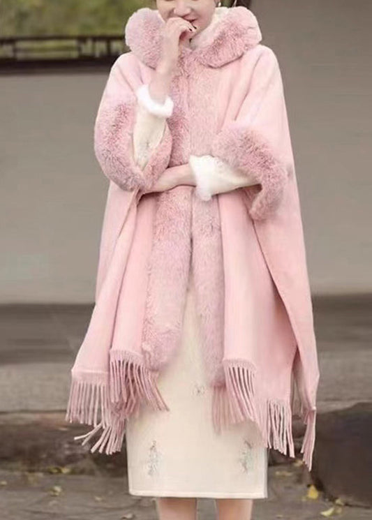 Pink Fur Collar Tassel Hooded Woolen Coat Spring