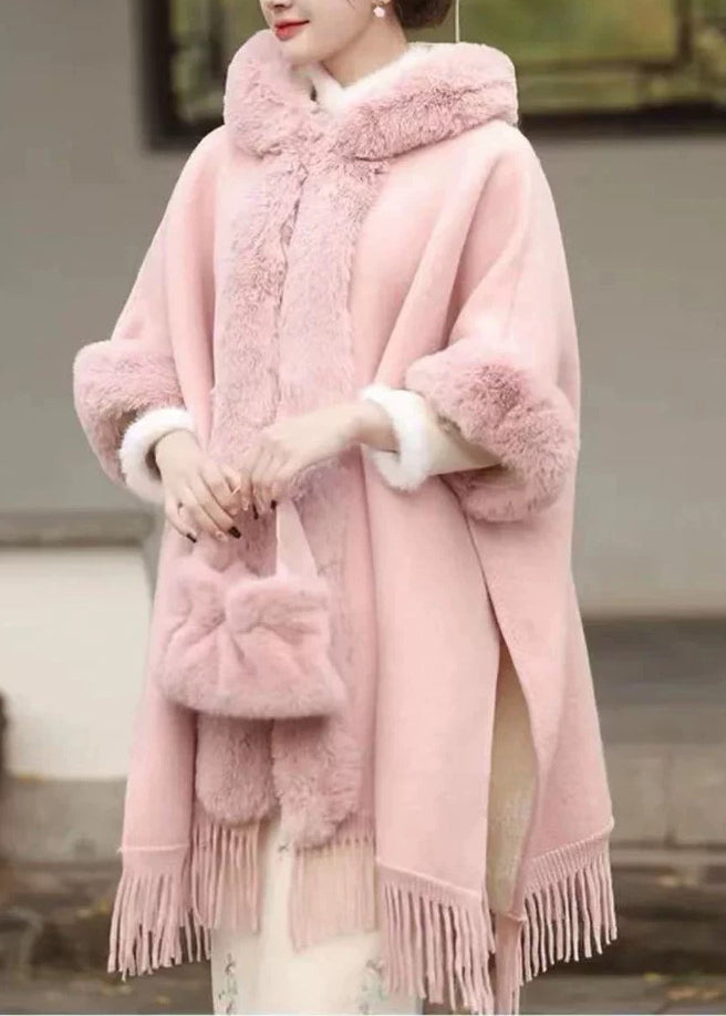 Pink Fur Collar Tassel Hooded Woolen Coat Spring