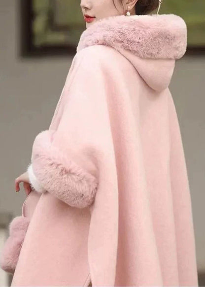 Pink Fur Collar Tassel Hooded Woolen Coat Spring