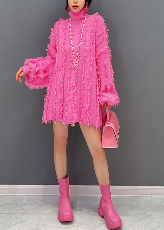 Pink Hign Neck Tassel Chunky Knit Sweater Winter