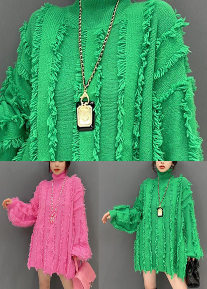Pink Hign Neck Tassel Chunky Knit Sweater Winter
