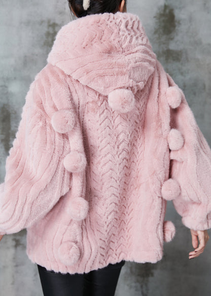 Pink Hooded Fuzzy Fur Fluffy Coat Outwear Spring
