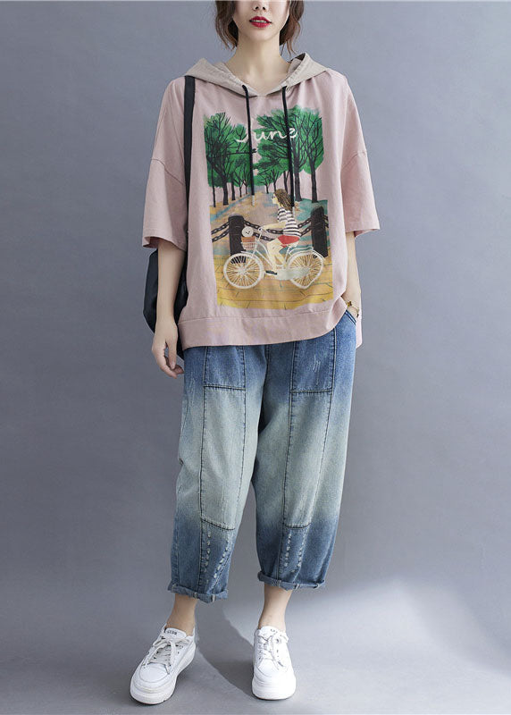 Pink Hooded Print Patchwork Cotton T Shirt Tops Summer