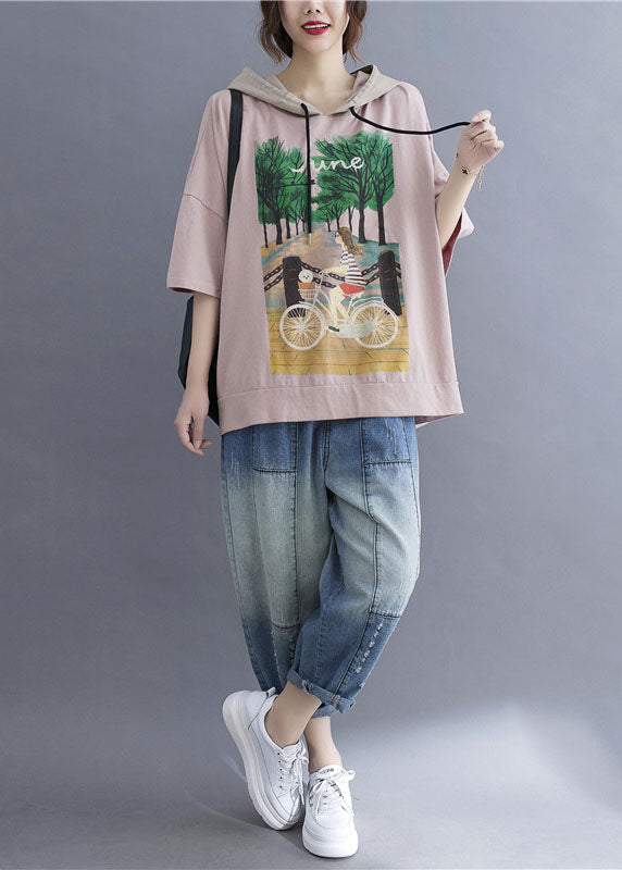Pink Hooded Print Patchwork Cotton T Shirt Tops Summer