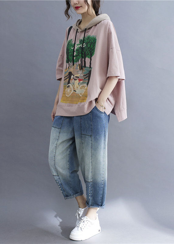 Pink Hooded Print Patchwork Cotton T Shirt Tops Summer