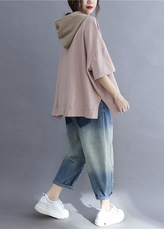 Pink Hooded Print Patchwork Cotton T Shirt Tops Summer