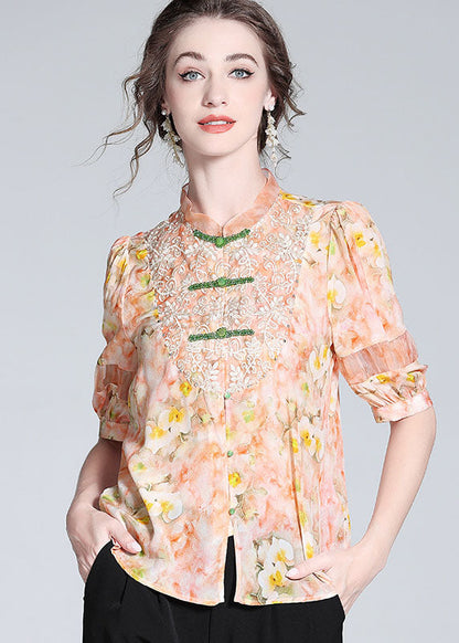Pink Lace Embroideried Patchwork Silk Blouse Tops Spring