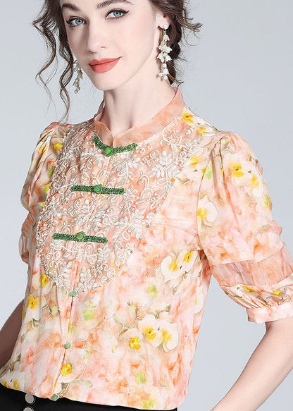 Pink Lace Embroideried Patchwork Silk Blouse Tops Spring