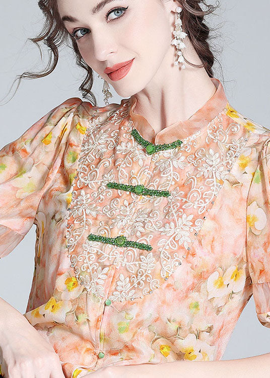 Pink Lace Embroideried Patchwork Silk Blouse Tops Spring