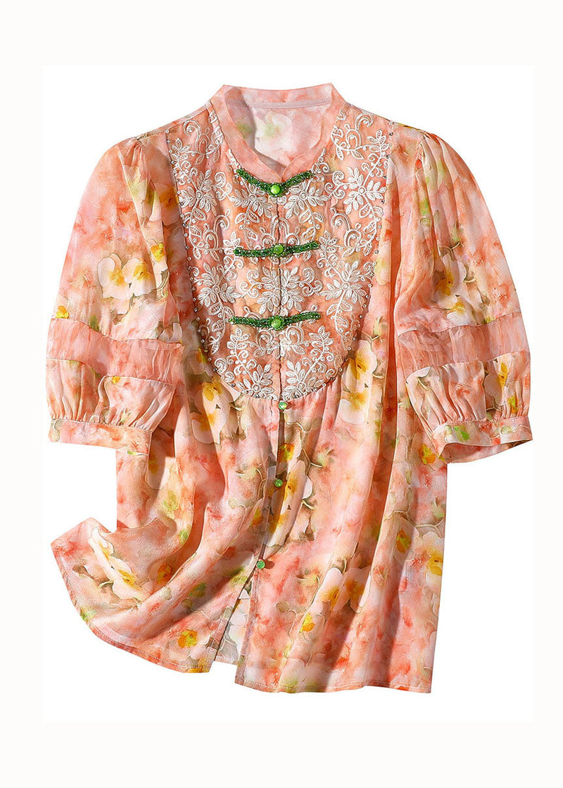 Pink Lace Embroideried Patchwork Silk Blouse Tops Spring