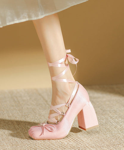 Pink Lace Up Splicing Chunky High Heels Pink Satin
