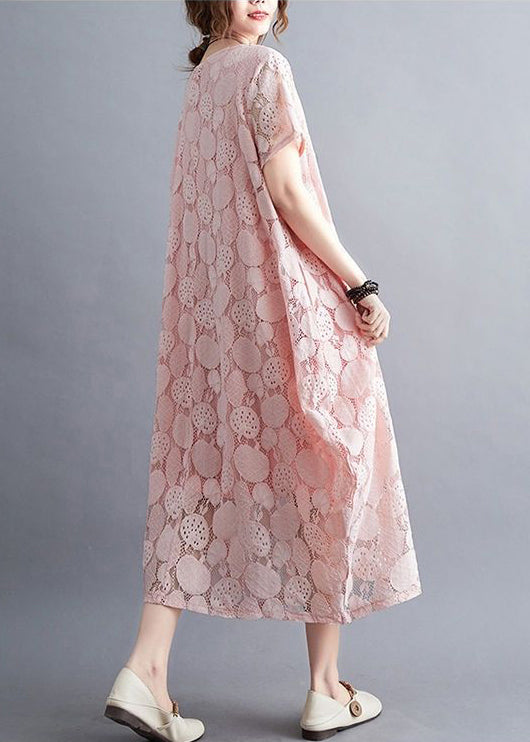 Pink O-neck Embroideried Lace Dress Summer