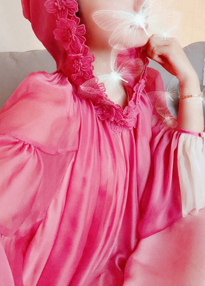 Pink O-neck Gradient Color Embroideried Hoold Silk Maxi Dresses Long Sleeve