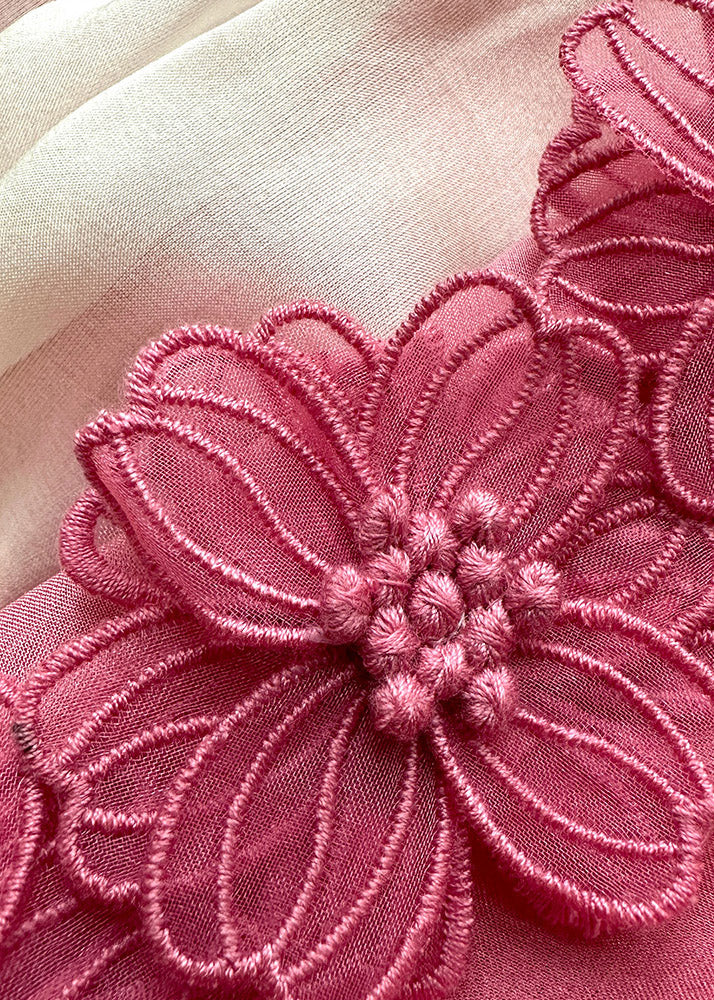 Pink O-neck Gradient Color Embroideried Hoold Silk Maxi Dresses Long Sleeve