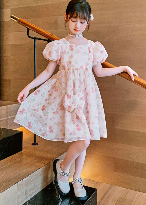Pink O Neck Print Patchwork Chiffon Kids Princess Dress Summer