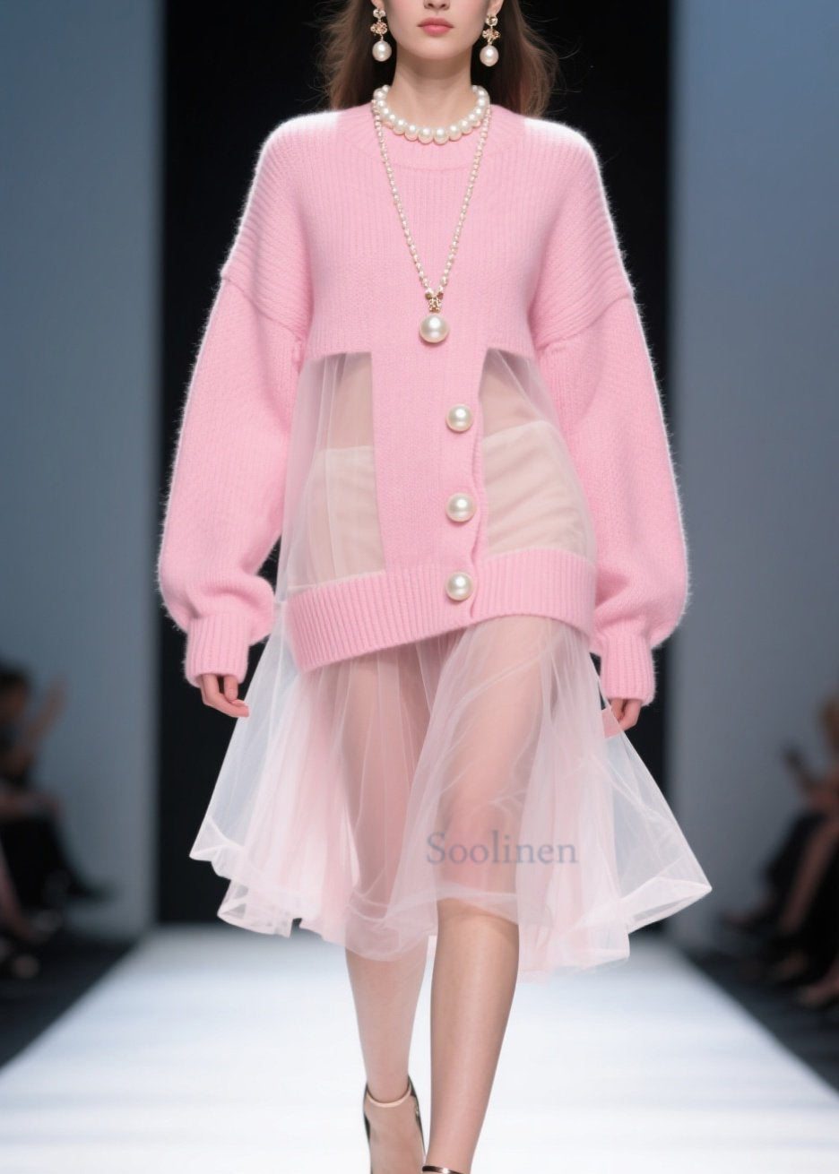 Pink O Neck Tulle Patchwork Knit Sweater Dress Fall