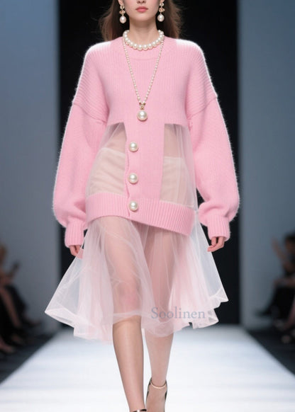 Pink O Neck Tulle Patchwork Knit Sweater Dress Fall
