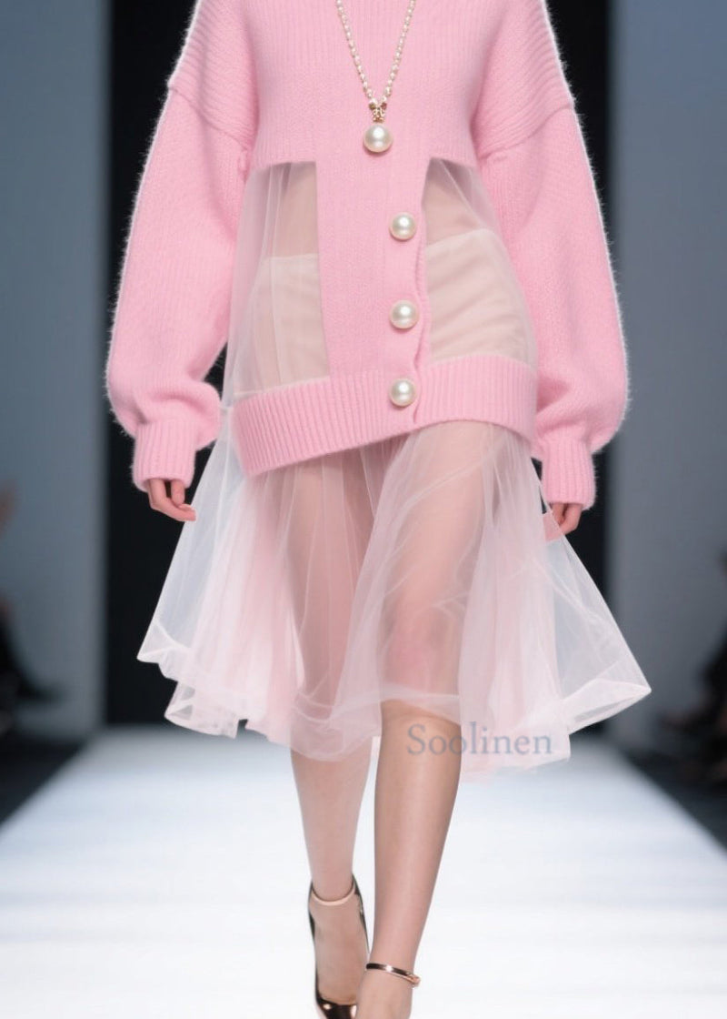 Pink O Neck Tulle Patchwork Knit Sweater Dress Fall