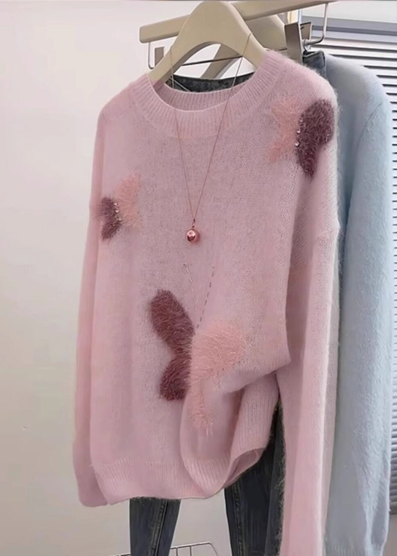 Pink Oversized Butterfly Knit Short Sweater Spring