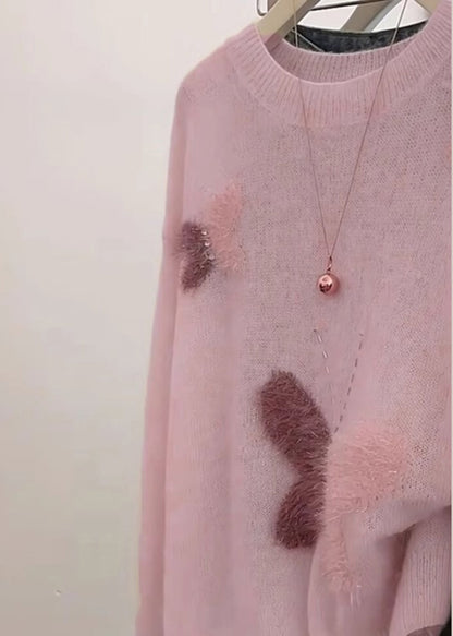 Pink Oversized Butterfly Knit Short Sweater Spring