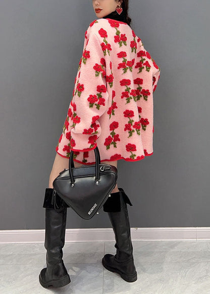Pink Oversized Jacquard Fluffy Coats Spring