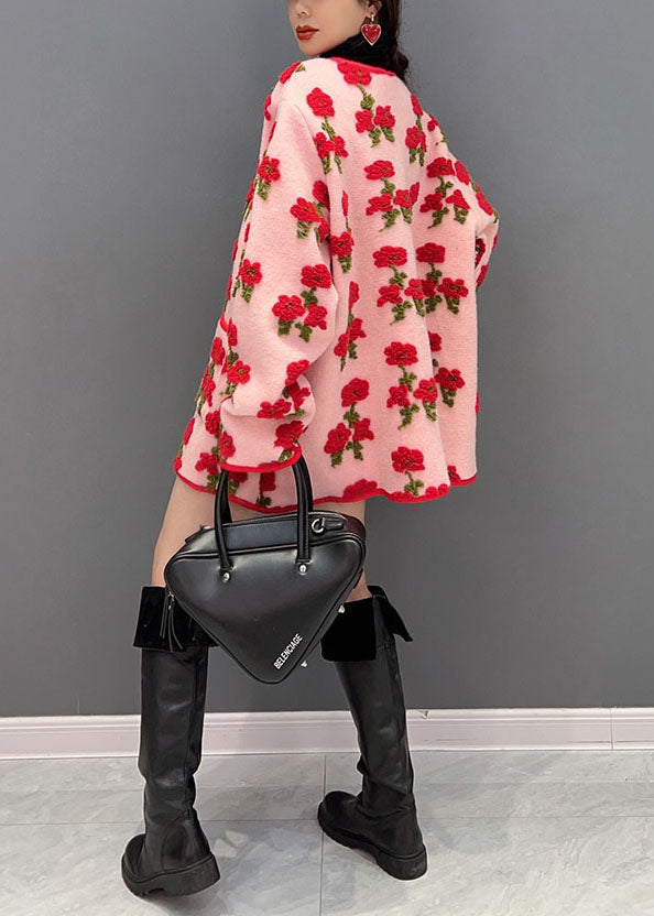 Pink Oversized Jacquard Fluffy Coats Spring
