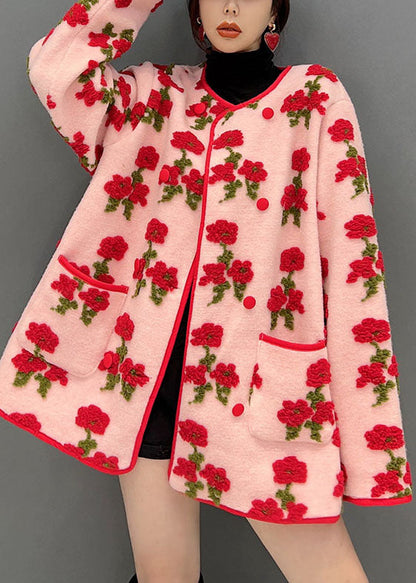 Pink Oversized Jacquard Fluffy Coats Spring