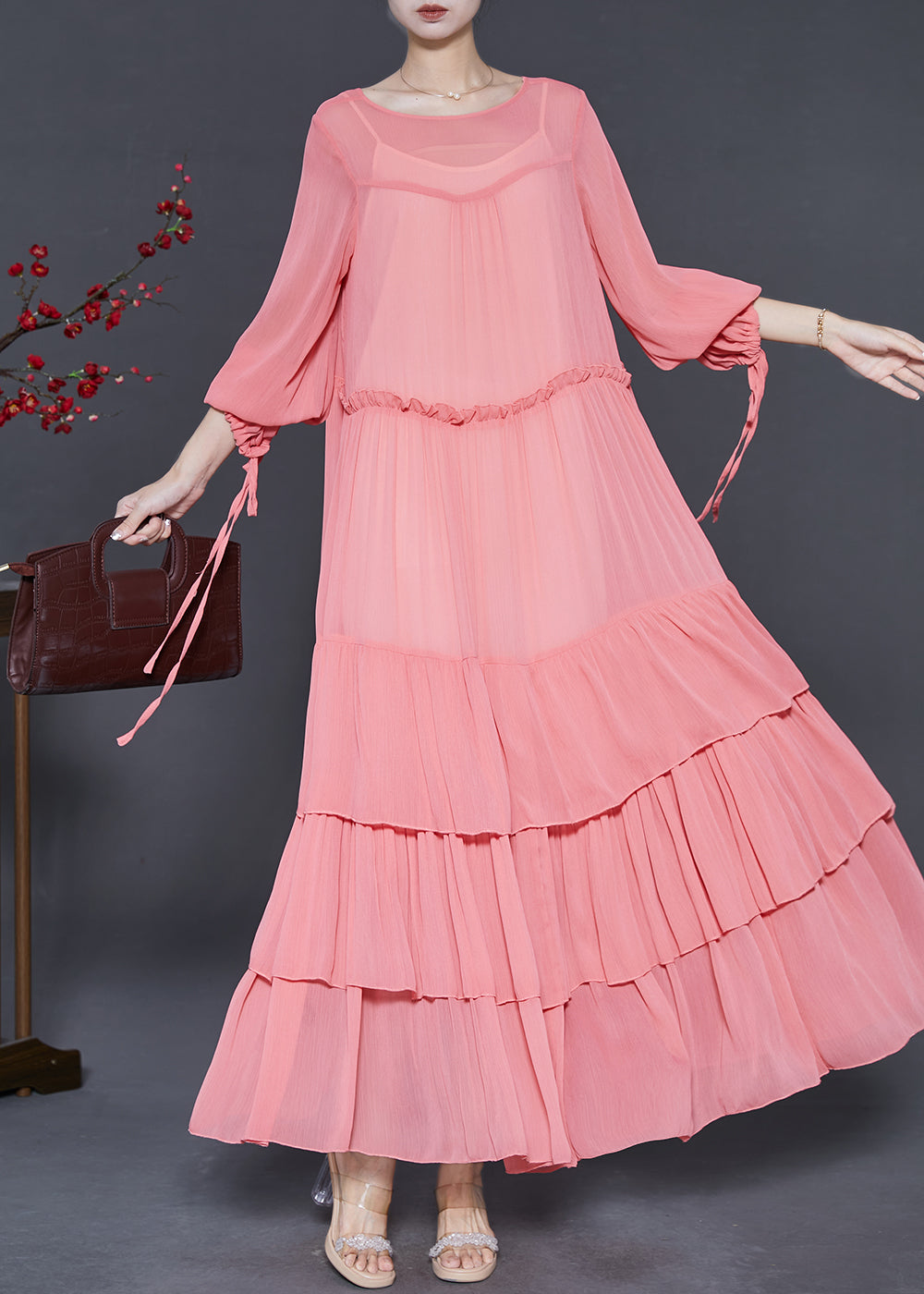 Pink Oversized Patchwork Chiffon Dresses Spring