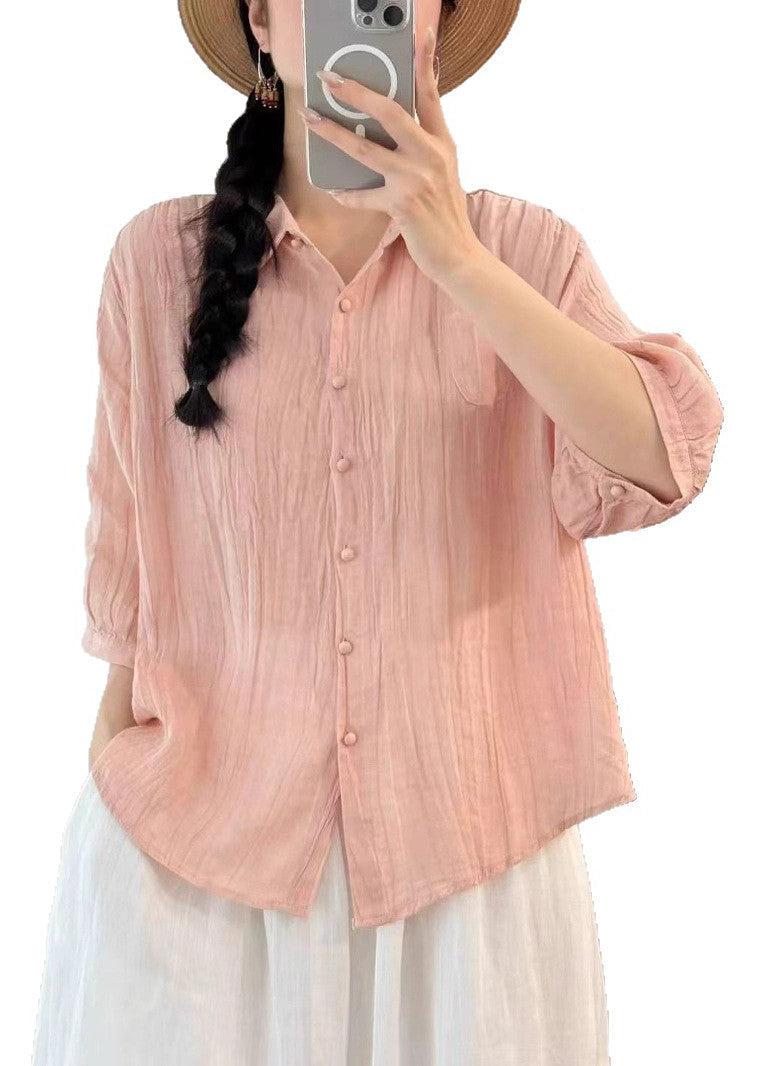 Pink Oversized Wrinkled Cotton Shirt Top Bracelet Sleeve